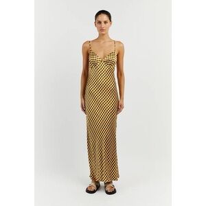 NWT DISSH Gala Satin Midi Dress in Lime Brown Spot Line Pattern Print Silky